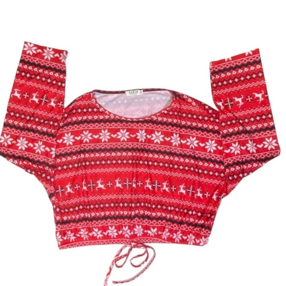 Christmas Crop Top Holiday Tee Blouse Shirt Long Sleeve Stretchy Red White 1XL